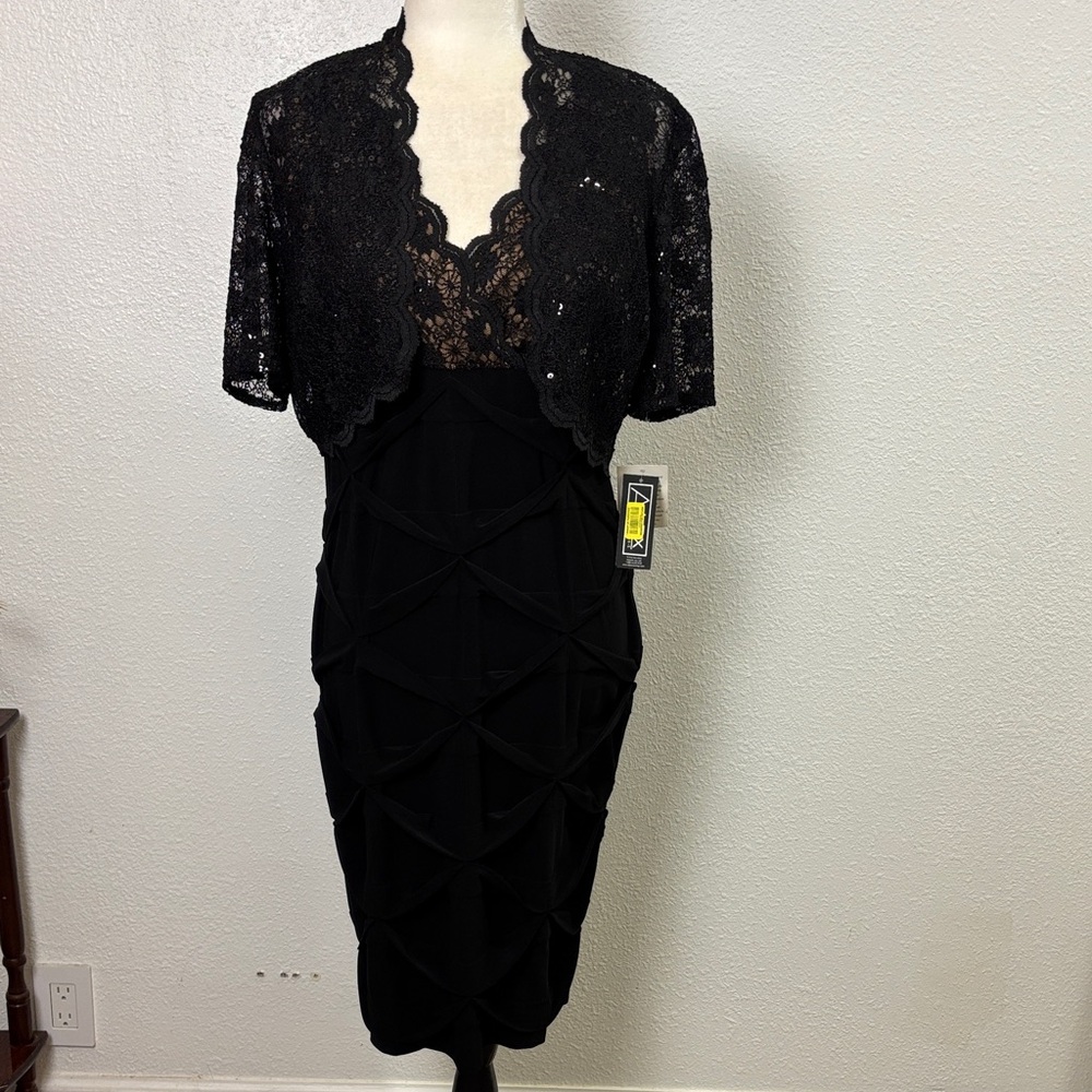 1066 NWT Alex Evenings Petite Black Lace Dress. Sz8P